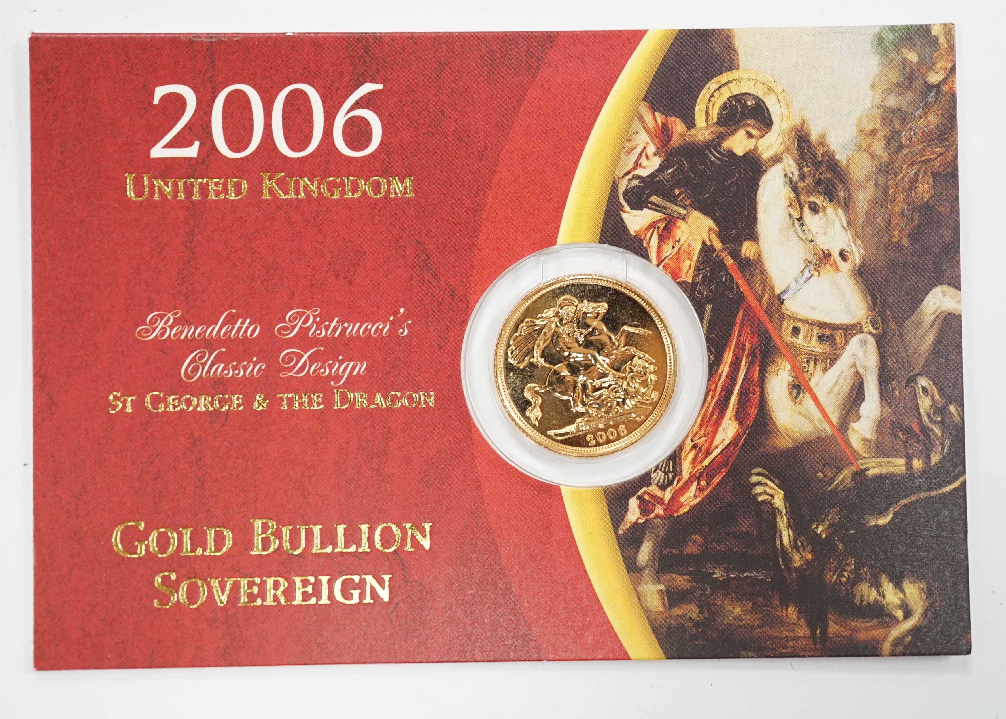 British gold coins, Elizabeth II, 2006 gold bullion sovereign St. George & The Dragon, BUNC, with Royal Mint card